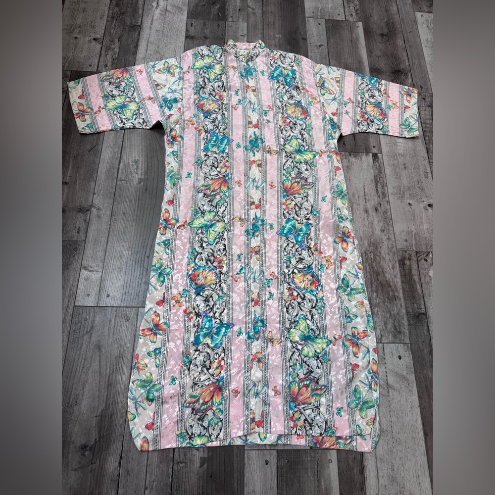 Vintage Ruth Norman Caftan Hostess Mandarin Collar Zip Lounge Dress Butterfly